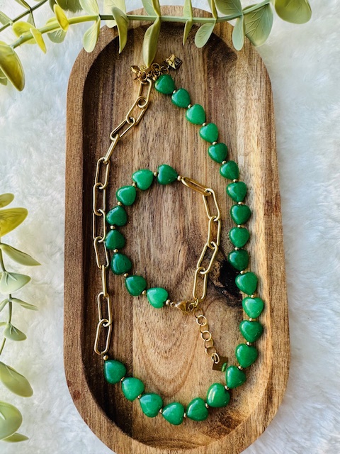 Collier coeur émaillé doré vert tendance – Image 2