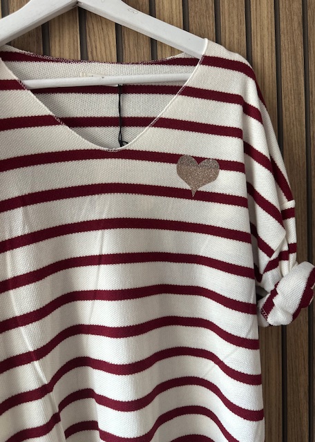 Pull col V à rayures bordeaux